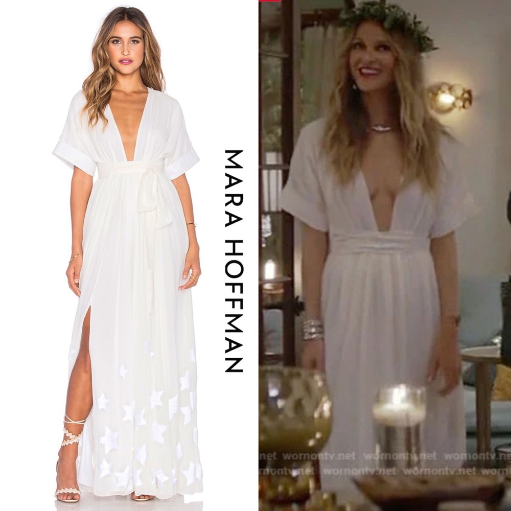 Mara Hoffman White Star Embroidered Slit Celebrity Chiffon Dress Worn on TV